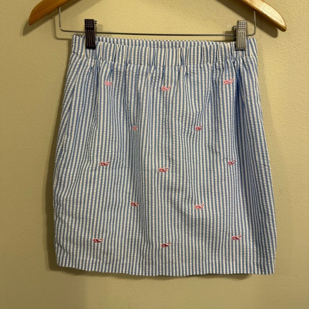Vineyard Vines Girls Seersucker Pink Whale Skirt Blue White Striped Size 14 - Picture 5 of 5